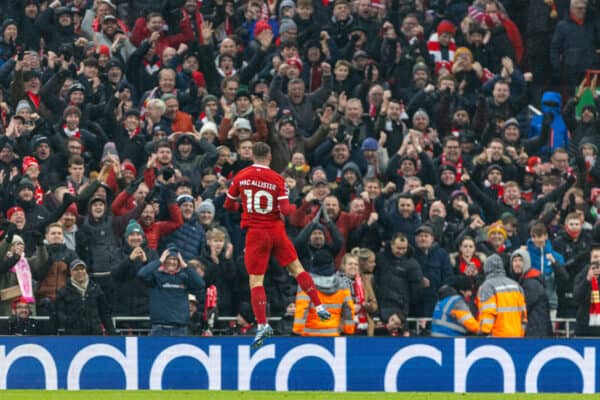 LIVERPOOL, ENGLAND - Sunday, December 3, 2023: Liverpool's Alexis Mac Allister celebrates after scoring the second goal during the FA Premier League match between Liverpool FC and Fulham FC at Anfield. (Photo by David Rawcliffe/Propaganda)