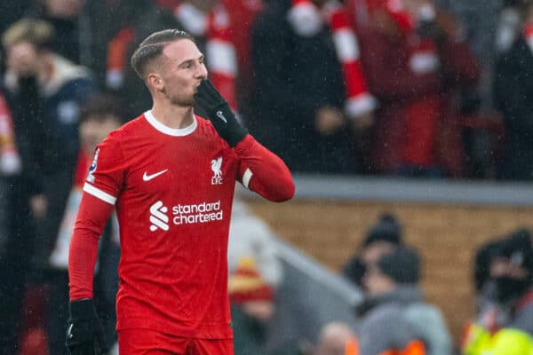 LIVERPOOL, ENGLAND - Sunday, December 3, 2023: Liverpool's Alexis Mac Allister celebrates after scoring the second goal during the FA Premier League match between Liverpool FC and Fulham FC at Anfield. (Photo by David Rawcliffe/Propaganda)