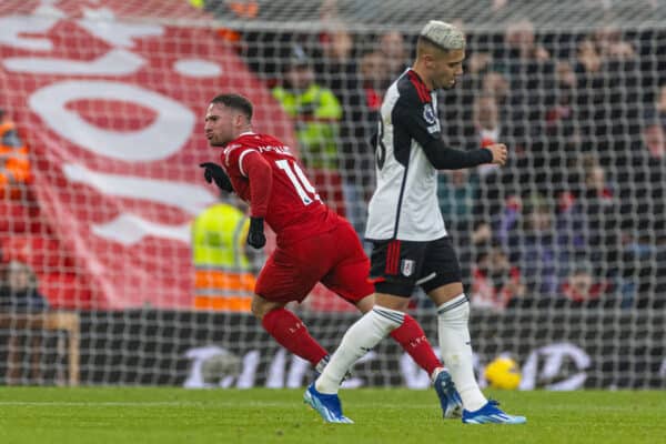 LIVERPOOL, ENGLAND - Sunday, December 3, 2023: Liverpool's Alexis Mac Allister celebrates after scoring the second goal during the FA Premier League match between Liverpool FC and Fulham FC at Anfield. (Photo by David Rawcliffe/Propaganda)