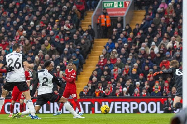 LIVERPOOL, ENGLAND - Sunday, December 3, 2023: Fulham's Kenny Tete scores his side's second goal during the FA Premier League match between Liverpool FC and Fulham FC at Anfield. (Photo by David Rawcliffe/Propaganda)