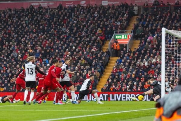 LIVERPOOL, ENGLAND - Sunday, December 3, 2023: Fulham's Kenny Tete scores his side's second goal during the FA Premier League match between Liverpool FC and Fulham FC at Anfield. (Photo by David Rawcliffe/Propaganda)