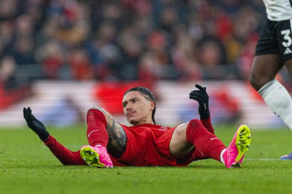 LIVERPOOL, ENGLAND - Sunday, December 3, 2023: Liverpool's Darwin Núñez during the FA Premier League match between Liverpool FC and Fulham FC at Anfield. (Photo by David Rawcliffe/Propaganda)