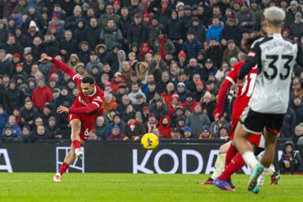 LIVERPOOL, ENGLAND - Sunday, December 3, 2023: Liverpool's Trent Alexander-Arnold scores the winning fourth goal during the FA Premier League match between Liverpool FC and Fulham FC at Anfield. (Photo by David Rawcliffe/Propaganda)