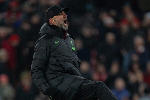 LIVERPOOL, ENGLAND - Sunday, December 3, 2023: Liverpool's manager Jürgen Klopp celebrates after the FA Premier League match between Liverpool FC and Fulham FC at Anfield. Liverpool won 4-3. (Photo by David Rawcliffe/Propaganda)