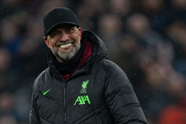 LIVERPOOL, ENGLAND - Sunday, December 3, 2023: Liverpool's manager Jürgen Klopp celebrates after the FA Premier League match between Liverpool FC and Fulham FC at Anfield. Liverpool won 4-3. (Photo by David Rawcliffe/Propaganda)