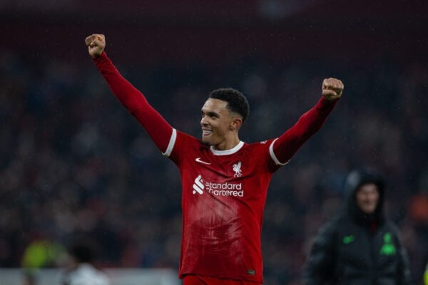 LIVERPOOL, ENGLAND - Sunday, December 3, 2023: Liverpool's match-winning goal-scorer Trent Alexander-Arnold celebrates after the FA Premier League match between Liverpool FC and Fulham FC at Anfield. Liverpool won 4-3. (Photo by David Rawcliffe/Propaganda)