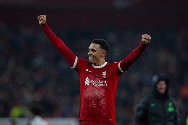 LIVERPOOL, ENGLAND - Sunday, December 3, 2023: Liverpool's match-winning goal-scorer Trent Alexander-Arnold celebrates after the FA Premier League match between Liverpool FC and Fulham FC at Anfield. Liverpool won 4-3. (Photo by David Rawcliffe/Propaganda)