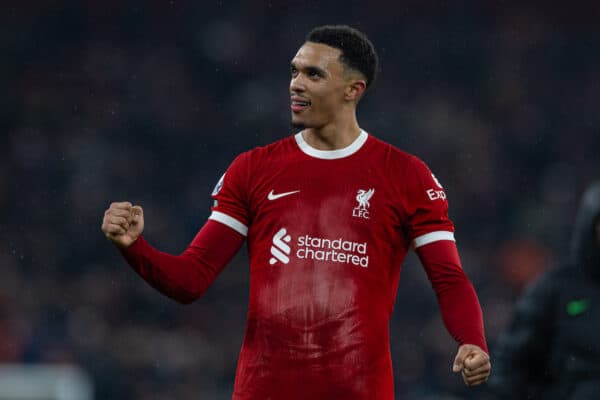 LIVERPOOL, ENGLAND - Sunday, December 3, 2023: Liverpool's match-winning goal-scorer Trent Alexander-Arnold celebrates after the FA Premier League match between Liverpool FC and Fulham FC at Anfield. Liverpool won 4-3. (Photo by David Rawcliffe/Propaganda)