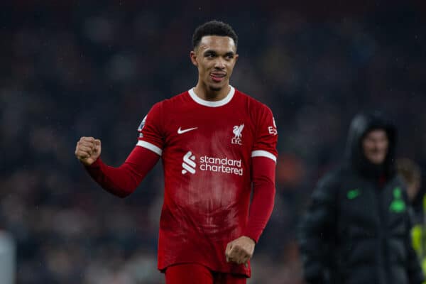 LIVERPOOL, ENGLAND - Sunday, December 3, 2023: Liverpool's match-winning goal-scorer Trent Alexander-Arnold celebrates after the FA Premier League match between Liverpool FC and Fulham FC at Anfield. Liverpool won 4-3. (Photo by David Rawcliffe/Propaganda)