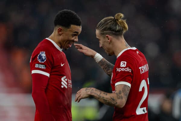 LIVERPOOL, ENGLAND - Sunday, December 3, 2023: Liverpool's match-winning goal-scorer Trent Alexander-Arnold (L) celebrates with team-mate Kostas Tsimikas after the FA Premier League match between Liverpool FC and Fulham FC at Anfield. Liverpool won 4-3. (Photo by David Rawcliffe/Propaganda)