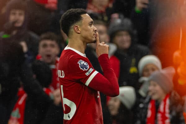 LIVERPOOL, ENGLAND - Sunday, December 3, 2023: Liverpool's Trent Alexander-Arnold celebrates after scoring the winning fourth goal during the FA Premier League match between Liverpool FC and Fulham FC at Anfield. (Photo by David Rawcliffe/Propaganda)