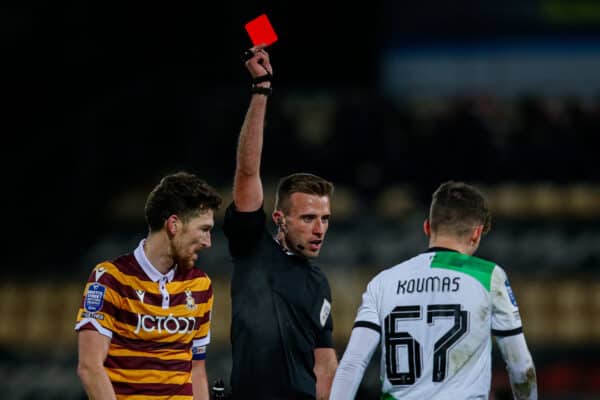 BRADFORD, ENGLAND - Tuesday, December 5, 2023: Liverpool's Lewis Koumas is shown a red card and sent off by referee Adam Herczeg during the English Football League Trophy Round of 32 match between Bradford City AFC and Liverpool FC Under-21's at Valley Parade. (Photo by Ed Sykes/Propaganda)