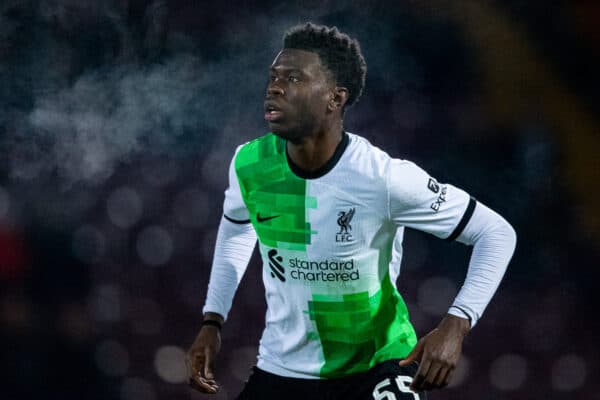 BRADFORD, ENGLAND - Tuesday, December 5, 2023: Liverpool's Nallo Amara during the English Football League Trophy Round of 32 match between Bradford City AFC and Liverpool FC Under-21's at Valley Parade. (Photo by Ed Sykes/Propaganda)