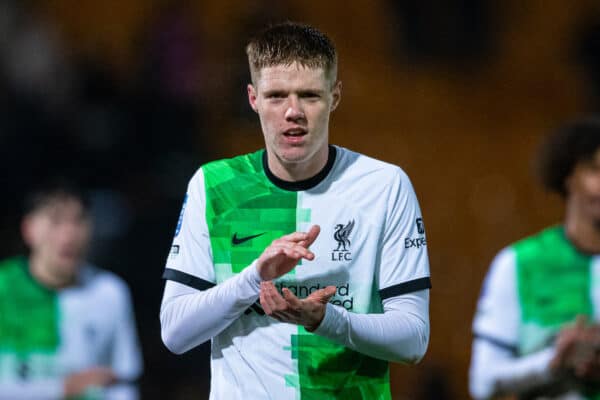 BRADFORD, ENGLAND - Tuesday, December 5, 2023: Liverpool's Carter Pinnington applauds the supporters after the English Football League Trophy Round of 32 match between Bradford City AFC and Liverpool FC Under-21's at Valley Parade. Bradford City won 4-0. (Photo by Ed Sykes/Propaganda)