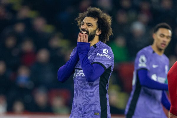 SHEFFIELD, ENGLAND - Wednesday, December 6, 2023: Liverpool's Mohamed Salah looks dejected after missing a chance during the FA Premier League match between Sheffield United FC and Liverpool FC at Bramall Lane. (Photo by David Rawcliffe/Propaganda)