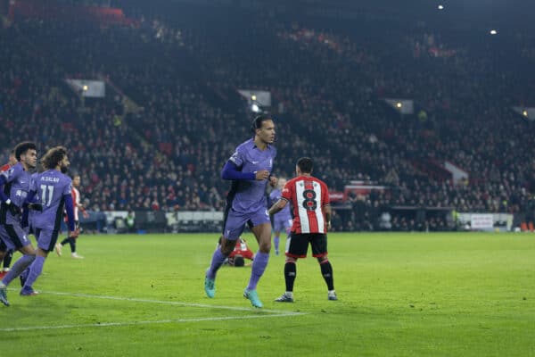 SHEFFIELD, ENGLAND - Wednesday, December 6, 2023: Liverpool's captain Virgil van Dijk celebrates after scoring the opening goal during the FA Premier League match between Sheffield United FC and Liverpool FC at Bramall Lane. (Photo by David Rawcliffe/Propaganda)