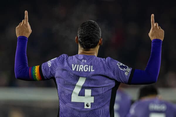 SHEFFIELD, ENGLAND - Wednesday, December 6, 2023: Liverpool's captain Virgil van Dijk celebrates after scoring the opening goal during the FA Premier League match between Sheffield United FC and Liverpool FC at Bramall Lane. (Photo by David Rawcliffe/Propaganda)