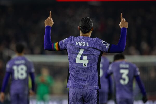 SHEFFIELD, ENGLAND - Wednesday, December 6, 2023: Liverpool's captain Virgil van Dijk celebrates after scoring the opening goal during the FA Premier League match between Sheffield United FC and Liverpool FC at Bramall Lane. (Photo by David Rawcliffe/Propaganda)