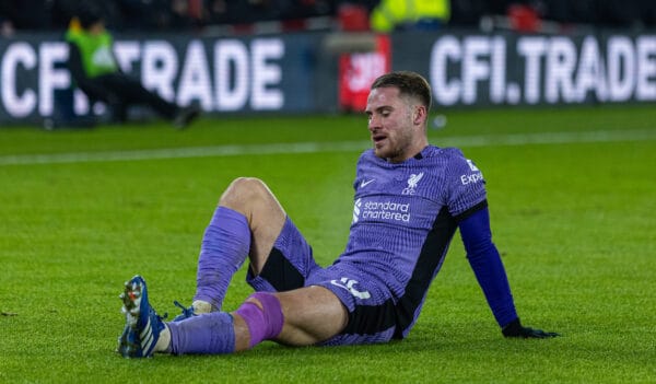 SHEFFIELD, ENGLAND - Wednesday, December 6, 2023: Liverpool's Alexis Mac Allister goes down injured during the FA Premier League match between Sheffield United FC and Liverpool FC at Bramall Lane. (Photo by David Rawcliffe/Propaganda)