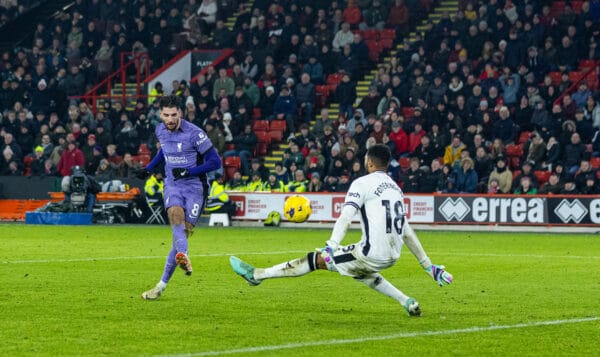 SHEFFIELD, ENGLAND - Wednesday, December 6, 2023: Liverpool's Dominik Szoboszlai scores the second goal during the FA Premier League match between Sheffield United FC and Liverpool FC at Bramall Lane. (Photo by David Rawcliffe/Propaganda)