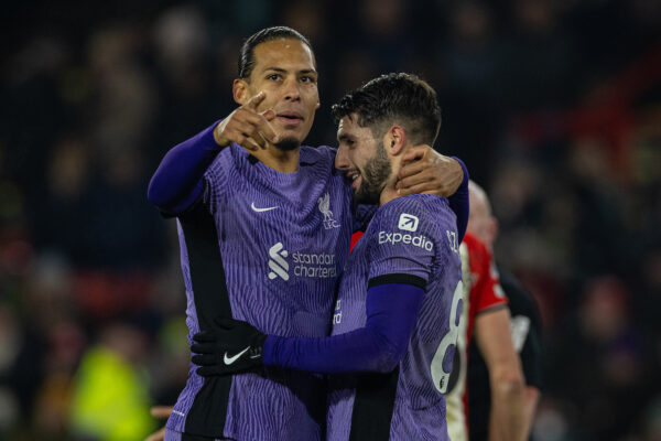 SHEFFIELD, ENGLAND - Wednesday, December 6, 2023: Liverpool's Dominik Szoboszlai (R) celebrates with team-mate captain Virgil van Dijk after scoring the second goal during the FA Premier League match between Sheffield United FC and Liverpool FC at Bramall Lane. (Photo by David Rawcliffe/Propaganda)