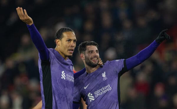 SHEFFIELD, ENGLAND - Wednesday, December 6, 2023: Liverpool's Dominik Szoboszlai (R) celebrates with team-mate captain Virgil van Dijk after scoring the second goal during the FA Premier League match between Sheffield United FC and Liverpool FC at Bramall Lane. (Photo by David Rawcliffe/Propaganda)