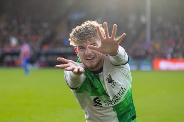 LONDON, ENGLAND - Saturday, December 9, 2023: Liverpool's Harvey Elliott celebrates after scoring the second goal during the FA Premier League match between Crystal Palace FC and Liverpool FC at Selhurst Park. (Photo by David Rawcliffe/Propaganda)