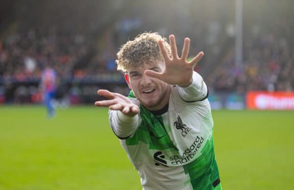 LONDON, ENGLAND - Saturday, December 9, 2023: Liverpool's Harvey Elliott celebrates after scoring the second goal during the FA Premier League match between Crystal Palace FC and Liverpool FC at Selhurst Park. (Photo by David Rawcliffe/Propaganda)