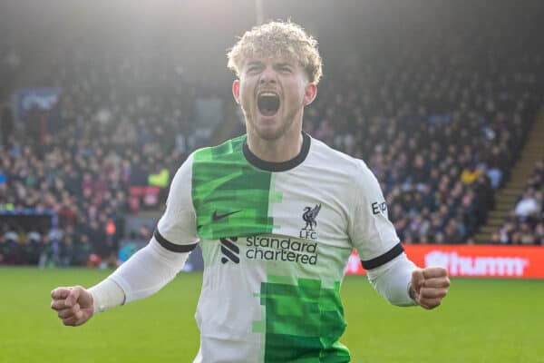 LONDON, ENGLAND - Saturday, December 9, 2023: Liverpool's Harvey Elliott celebrates after scoring the second goal during the FA Premier League match between Crystal Palace FC and Liverpool FC at Selhurst Park. (Photo by David Rawcliffe/Propaganda)