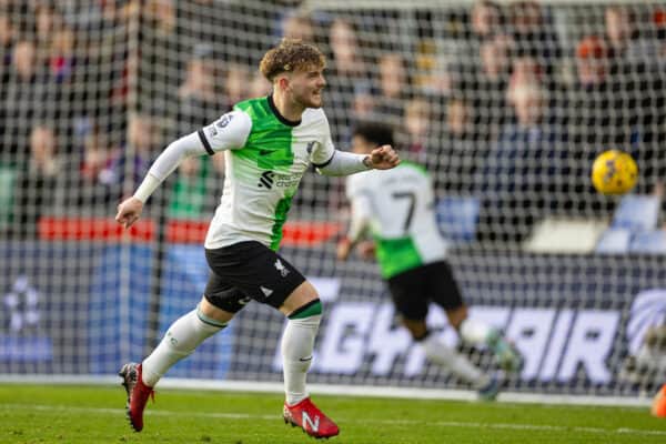 LONDON, ENGLAND - Saturday, December 9, 2023: Liverpool's Harvey Elliott celebrates after scoring the winning second goal during the FA Premier League match between Crystal Palace FC and Liverpool FC at Selhurst Park. Liverpool won 2-1. (Photo by David Rawcliffe/Propaganda)