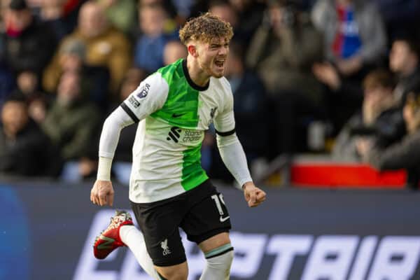 LONDON, ENGLAND - Saturday, December 9, 2023: Liverpool's Harvey Elliott celebrates after scoring the winning second goal during the FA Premier League match between Crystal Palace FC and Liverpool FC at Selhurst Park. Liverpool won 2-1. (Photo by David Rawcliffe/Propaganda)