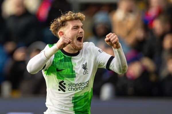 LONDON, ENGLAND - Saturday, December 9, 2023: Liverpool's Harvey Elliott celebrates after scoring the winning second goal during the FA Premier League match between Crystal Palace FC and Liverpool FC at Selhurst Park. Liverpool won 2-1. (Photo by David Rawcliffe/Propaganda)