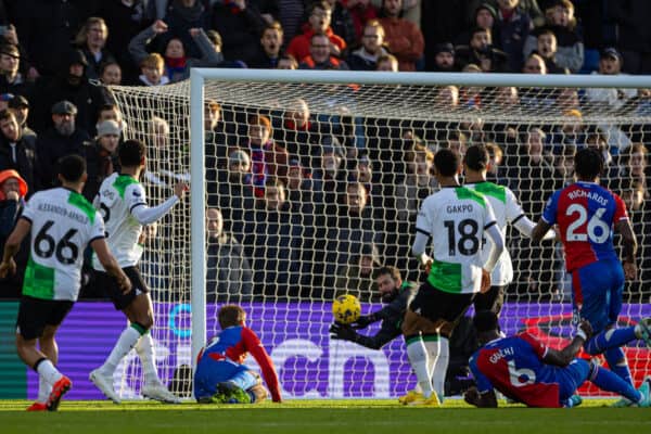 LONDON, ENGLAND - Saturday, December 9, 2023: Liverpool's goalkeeper Alisson Becker makes a save in injury time during the FA Premier League match between Crystal Palace FC and Liverpool FC at Selhurst Park. (Photo by David Rawcliffe/Propaganda)