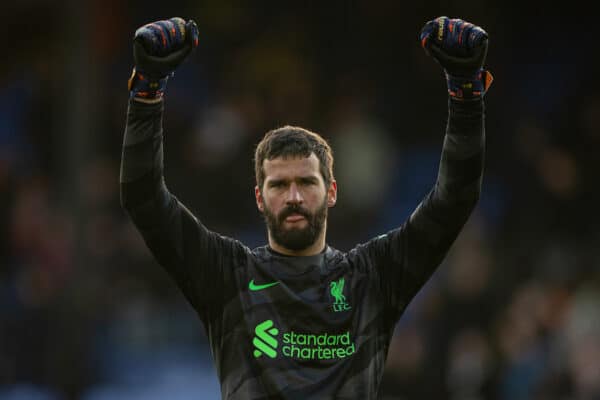 LONDON, ENGLAND - Saturday, December 9, 2023: Liverpool's goalkeeper Alisson Becker celebrates at the final whistle after the FA Premier League match between Crystal Palace FC and Liverpool FC at Selhurst Park. Liverpool won 2-1. (Photo by David Rawcliffe/Propaganda)