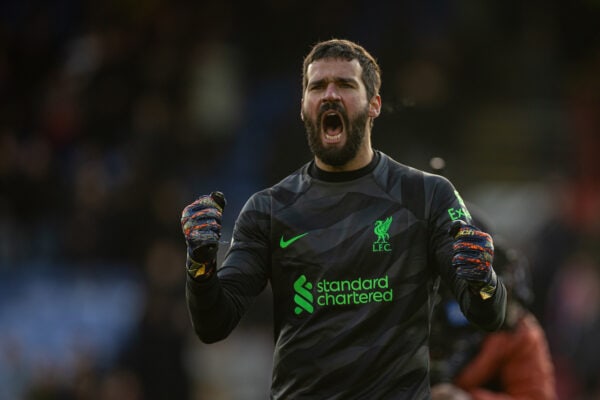 LONDON, ENGLAND - Saturday, December 9, 2023: Liverpool's goalkeeper Alisson Becker celebrates at the final whistle after the FA Premier League match between Crystal Palace FC and Liverpool FC at Selhurst Park. Liverpool won 2-1. (Photo by David Rawcliffe/Propaganda)