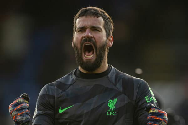  Liverpool's goalkeeper Alisson Becker celebrates at the final whistle after the FA Premier League match between Crystal Palace FC and Liverpool FC at Selhurst Park. Liverpool won 2-1. (Photo by David Rawcliffe/Propaganda)