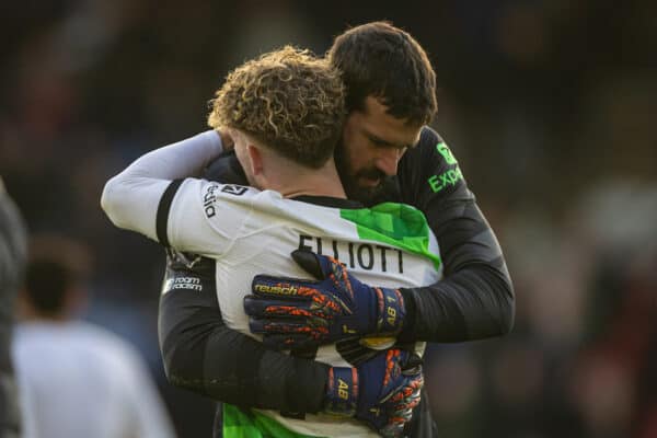 LONDON, ENGLAND - Saturday, December 9, 2023: Liverpool's goalkeeper Alisson Becker celebrates with team-mate match-winning goal-scorer Harvey Elliott (R) at the final whistle after the FA Premier League match between Crystal Palace FC and Liverpool FC at Selhurst Park. Liverpool won 2-1. (Photo by David Rawcliffe/Propaganda)