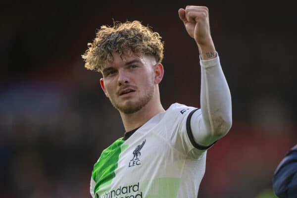 LONDON, ENGLAND - Saturday, December 9, 2023: Liverpool's match-winning goal-scorer Harvey Elliott celebrates at the final whistle after the FA Premier League match between Crystal Palace FC and Liverpool FC at Selhurst Park. Liverpool won 2-1. (Photo by David Rawcliffe/Propaganda)