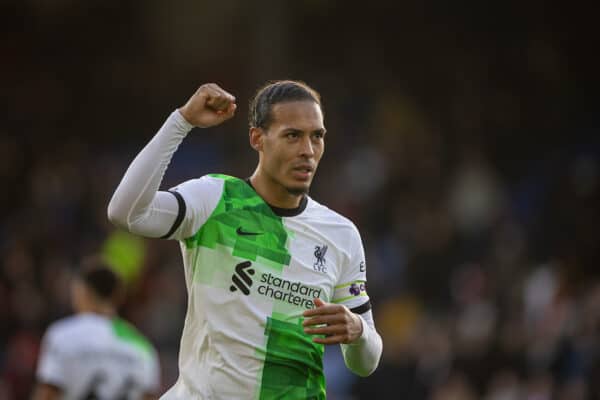 LONDON, ENGLAND - Saturday, December 9, 2023: Liverpool's captain Virgil van Dijk celebrates at the final whistle after the FA Premier League match between Crystal Palace FC and Liverpool FC at Selhurst Park. Liverpool won 2-1. (Photo by David Rawcliffe/Propaganda)