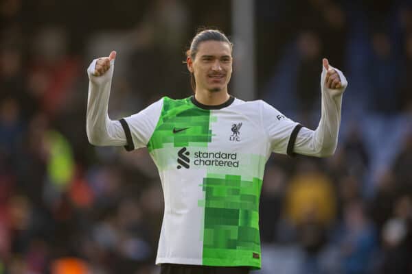 LONDON, ENGLAND - Saturday, December 9, 2023: Liverpool's Darwin Núñez celebrates at the final whistle after the FA Premier League match between Crystal Palace FC and Liverpool FC at Selhurst Park. Liverpool won 2-1. (Photo by David Rawcliffe/Propaganda)