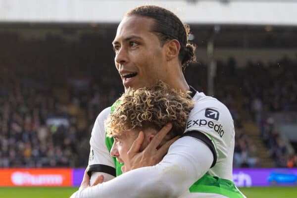 LONDON, ENGLAND - Saturday, December 9, 2023: Liverpool's match-winning goal-scorer Harvey Elliott celebrates with captain Virgil van Dijk during the FA Premier League match between Crystal Palace FC and Liverpool FC at Selhurst Park. Liverpool won 2-1. (Photo by David Rawcliffe/Propaganda)