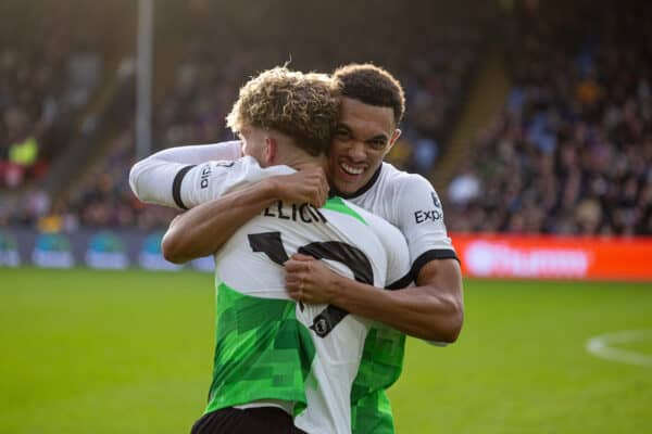 LONDON, ENGLAND - Saturday, December 9, 2023: Liverpool's Trent Alexander-Arnold (R) celebrates with match-winning goal-scorer Harvey Elliott during the FA Premier League match between Crystal Palace FC and Liverpool FC at Selhurst Park. Liverpool won 2-1. (Photo by David Rawcliffe/Propaganda)