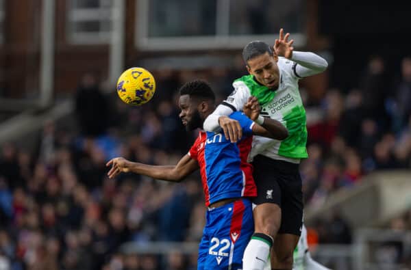 LONDON, ENGLAND - Saturday, December 9, 2023: Liverpool's captain Virgil van Dijk (R) challenges for a header with Crystal Palace's Odsonne Édouard during the FA Premier League match between Crystal Palace FC and Liverpool FC at Selhurst Park. (Photo by David Rawcliffe/Propaganda)