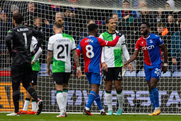 LONDON, ENGLAND - Saturday, December 9, 2023: Liverpool's captain Virgil van Dijk reacts after bringing down Crystal Palace's Odsonne Édouard and a penalty was awarded, it was later recinded after a VAR review by the referee, during the FA Premier League match between Crystal Palace FC and Liverpool FC at Selhurst Park. (Photo by David Rawcliffe/Propaganda)