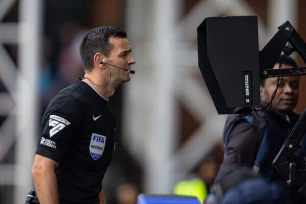 LONDON, ENGLAND - Saturday, December 9, 2023: Referee Andrew Madley checks the VAR screen before reversing a penalty he awarded to Crystal Palace during the FA Premier League match between Crystal Palace FC and Liverpool FC at Selhurst Park. (Photo by David Rawcliffe/Propaganda)