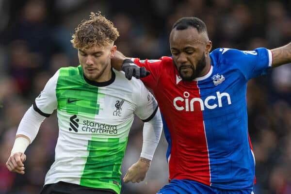 LONDON, ENGLAND - Saturday, December 9, 2023: Crystal Palace's Jordan Ayew (R) fouls Liverpool's Harvey Elliott and is is shown a second yellow card and sent off during the FA Premier League match between Crystal Palace FC and Liverpool FC at Selhurst Park. (Photo by David Rawcliffe/Propaganda)