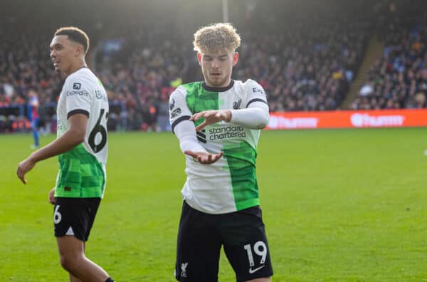 LONDON, ENGLAND - Saturday, December 9, 2023: Liverpool's Harvey Elliott celebrates after scoring the second goal during the FA Premier League match between Crystal Palace FC and Liverpool FC at Selhurst Park. (Photo by David Rawcliffe/Propaganda)