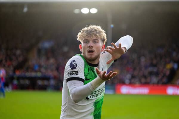 LONDON, ENGLAND - Saturday, December 9, 2023: Liverpool's Harvey Elliott celebrates after scoring the second goal during the FA Premier League match between Crystal Palace FC and Liverpool FC at Selhurst Park. (Photo by David Rawcliffe/Propaganda)