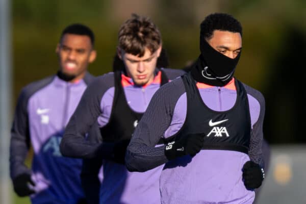 LIVERPOOL, ENGLAND - Wednesday, December 13, 2023: Liverpool's Trent Alexander-Arnold during a training session at the AXA Training Centre ahead of the UEFA Europa League Group E match between Royale Union Saint-Gilloise and Liverpool FC. (Photo by Jessica Hornby/Propaganda)