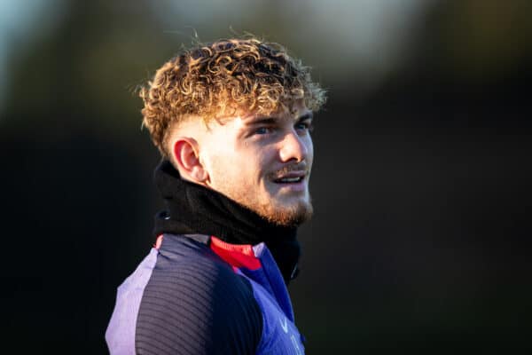 LIVERPOOL, ENGLAND - Wednesday, December 13, 2023: Liverpool's Harvey Elliott during a training session at the AXA Training Centre ahead of the UEFA Europa League Group E match between Royale Union Saint-Gilloise and Liverpool FC. (Photo by Jessica Hornby/Propaganda)